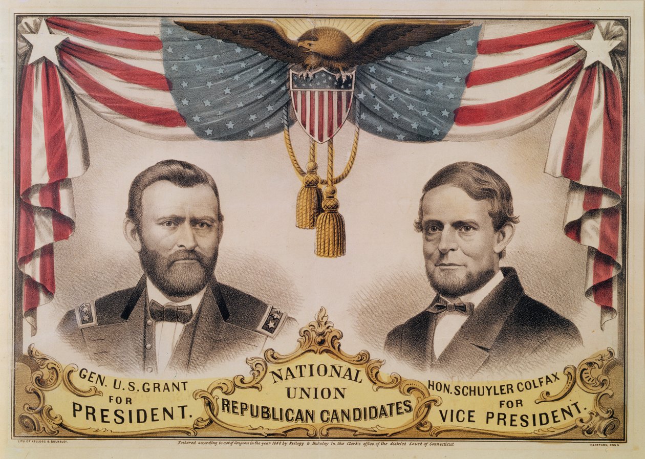 Yhdysvaltain presidentinvaalien 1868 vaalijuliste, joka kuvaa Ulysses S. Grantia ja Schuyler Colfaxia, 1868 tekijältä American School