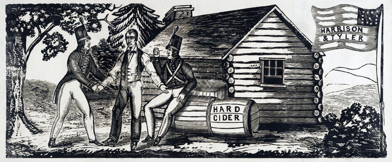 Harrison & Tylerin presidenttikampanjan tunnus vuonna 1840, pubi. 1840 (puupiirros) tekijältä American School