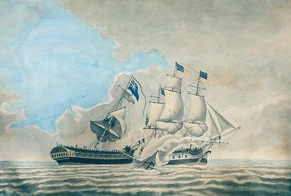 U.S. Fregate Constundin ja H.M.S.:n välinen kihla Guerriere (akvarelli, guassi ja muste paperille) tekijältä American School