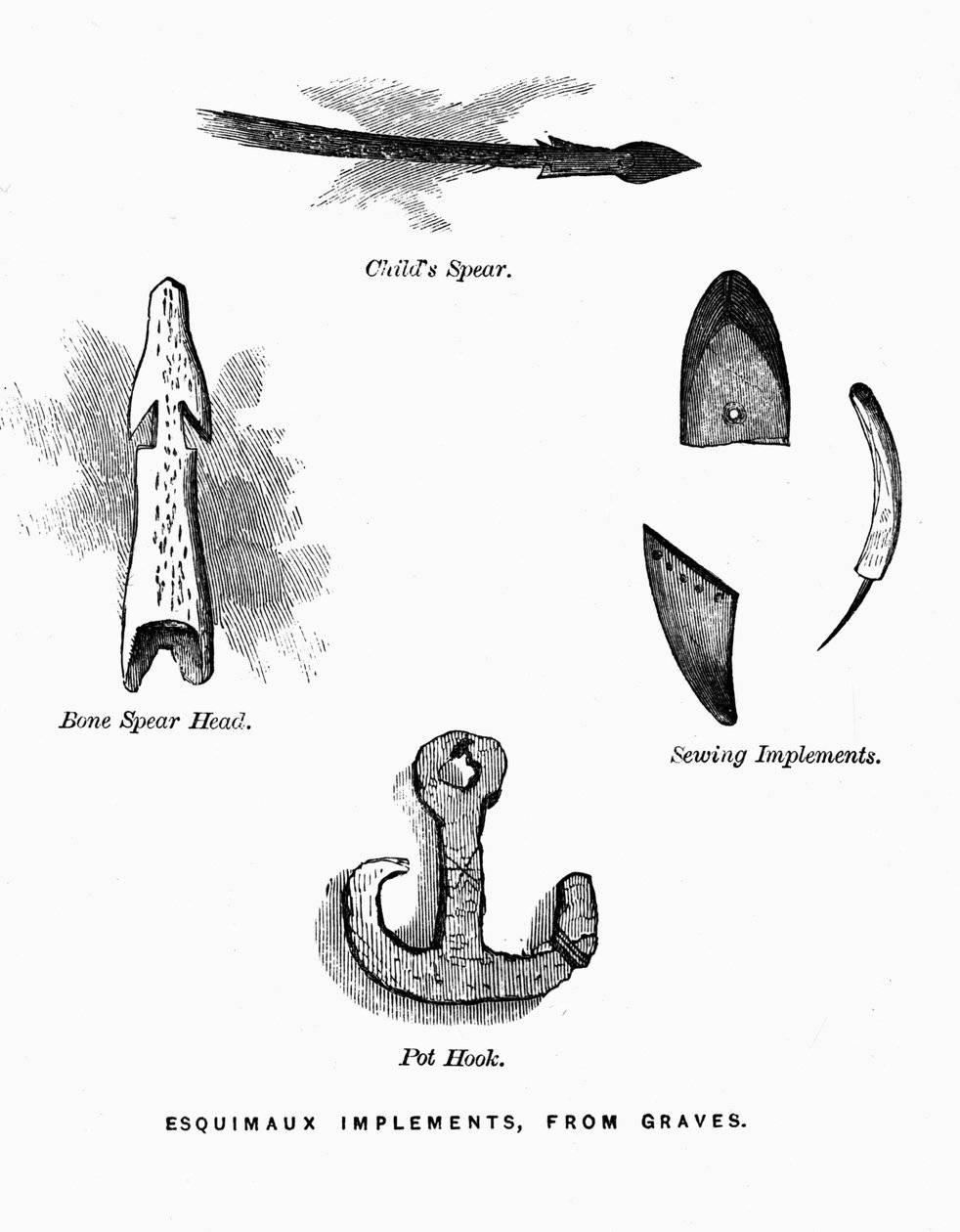 Eskimo-metsästystyökalut - Elisha Kent Kane, Arctic Explorations in the Years 1853-1855, voi. 1, s. 52, Philadelphia tekijältä American School
