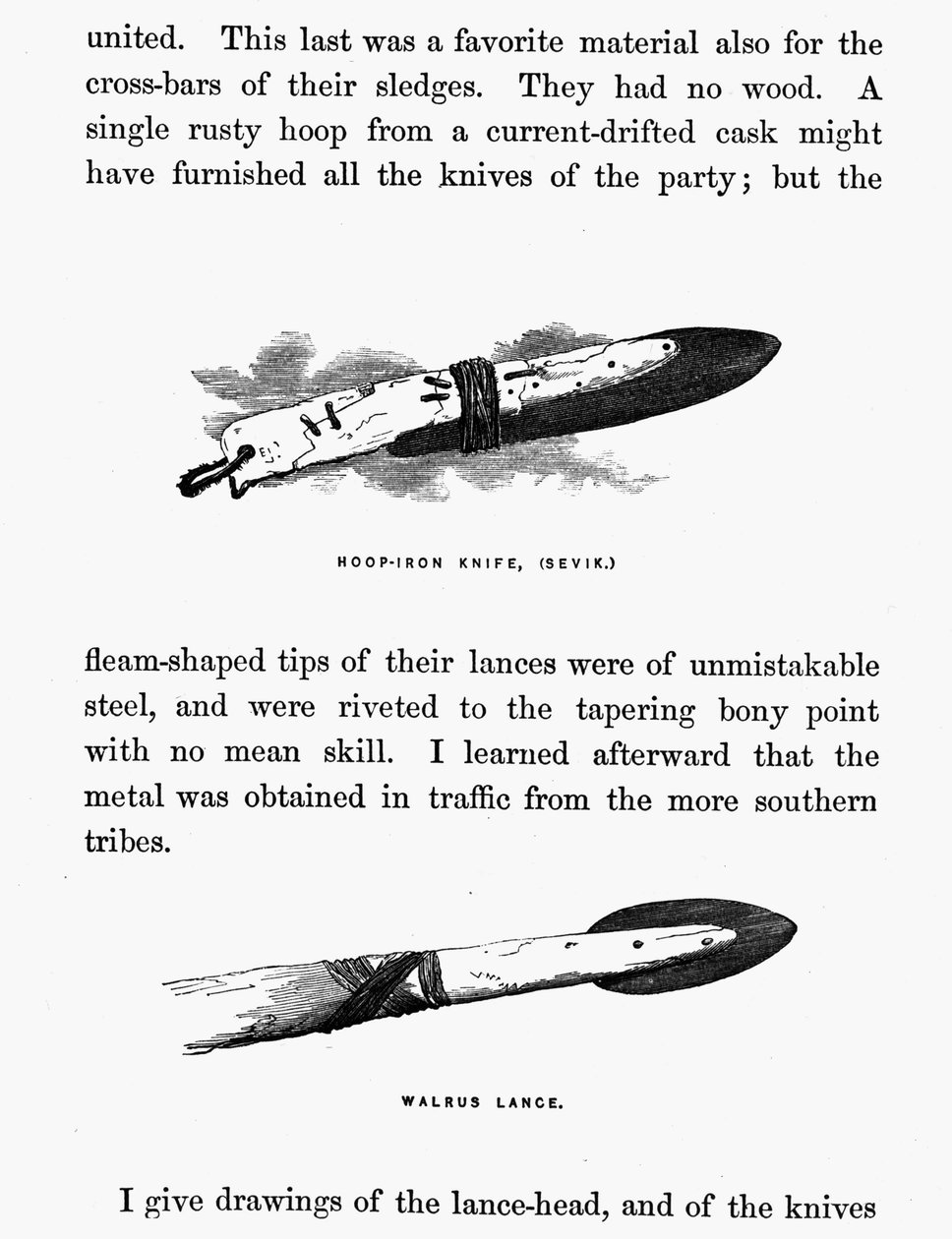 Eskimoveitsi ja keihäs - Elisha Kent Kane, Arctic Explorations in the Years 1853-1855, voi. 1, s. 206, Philadelphia tekijältä American School