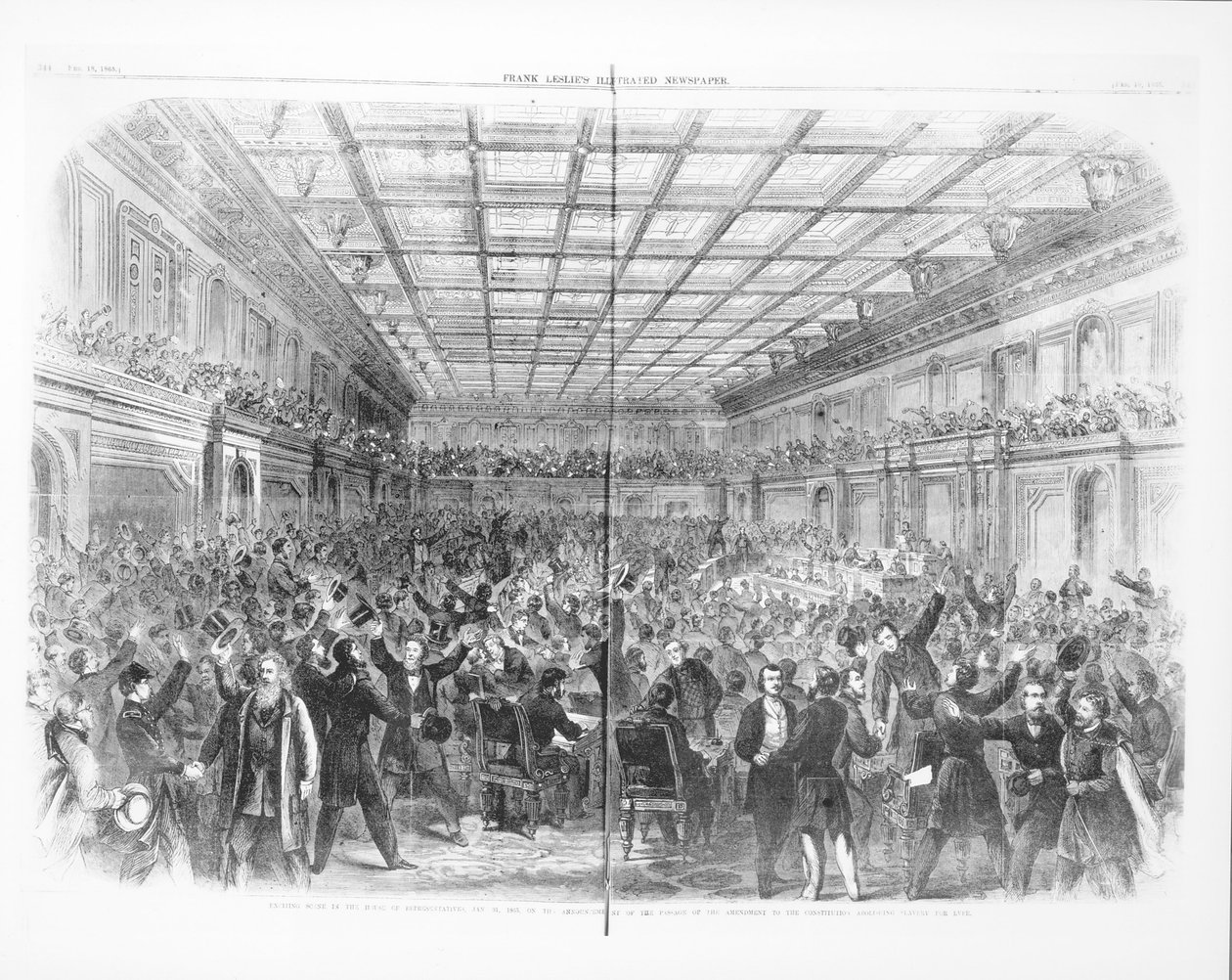 Jännittävä kohtaus edustajainhuoneessa, 31. tammikuuta 1865, ilmoituksesta orjuuden lakkauttamista koskevan muutoksen hyväksymisestä, 