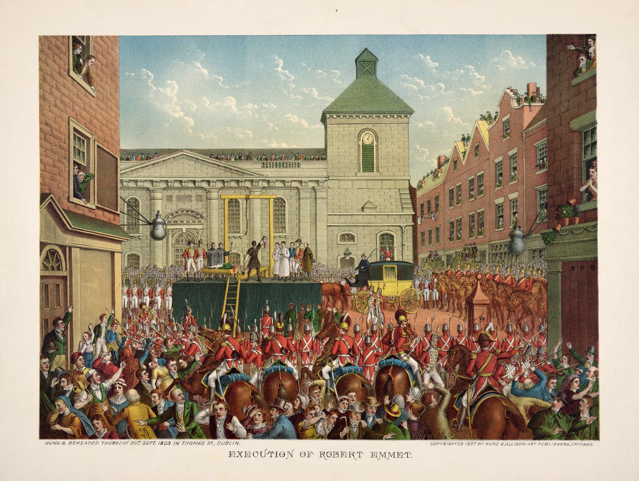 Robert Emmetin teloitus Thomas Streetillä, 20. syyskuuta 1803, pub. 1803 (väri litho) tekijältä American School