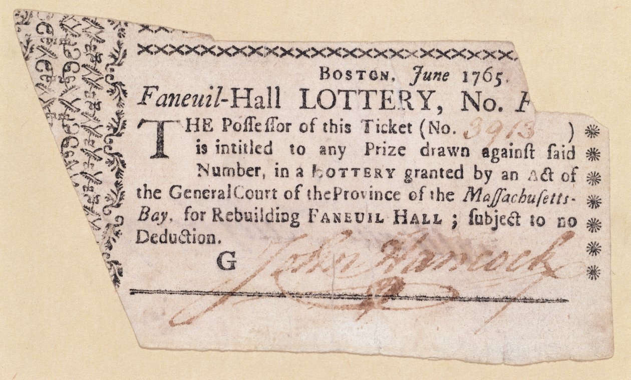 Faneuil-Hall-arpajaislippu, allekirjoittanut John Hancock (1737-93) 1765 (muste paperille) tekijältä American School