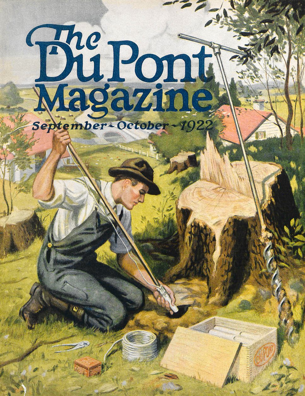 Maanviljelijä istuttaa DuPont-dynamiittia, DuPont-lehden etukansi, syys-lokakuu 1922 tekijältä American School