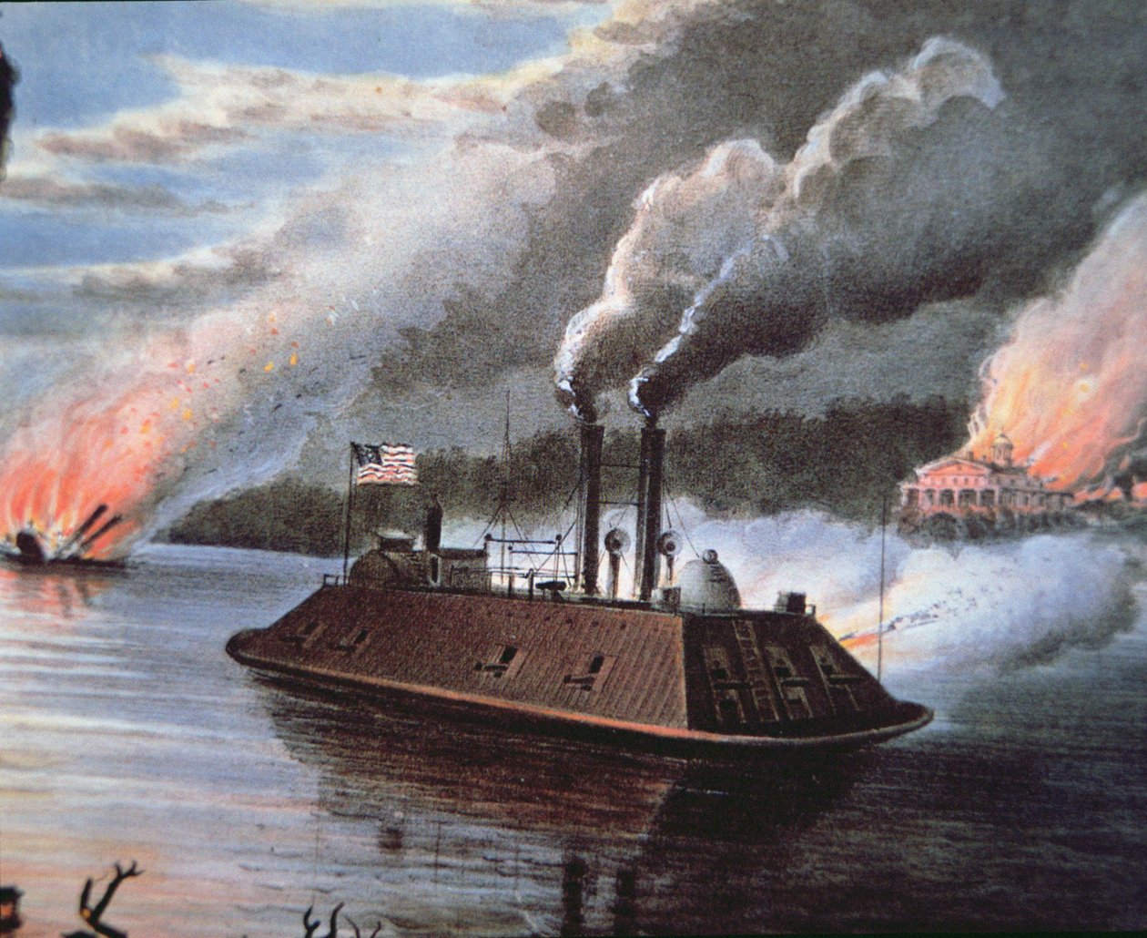 Liittovaltion rautapukuinen laiva Mississippillä pommittaa vihollisaluetta (väri litho) tekijältä American School
