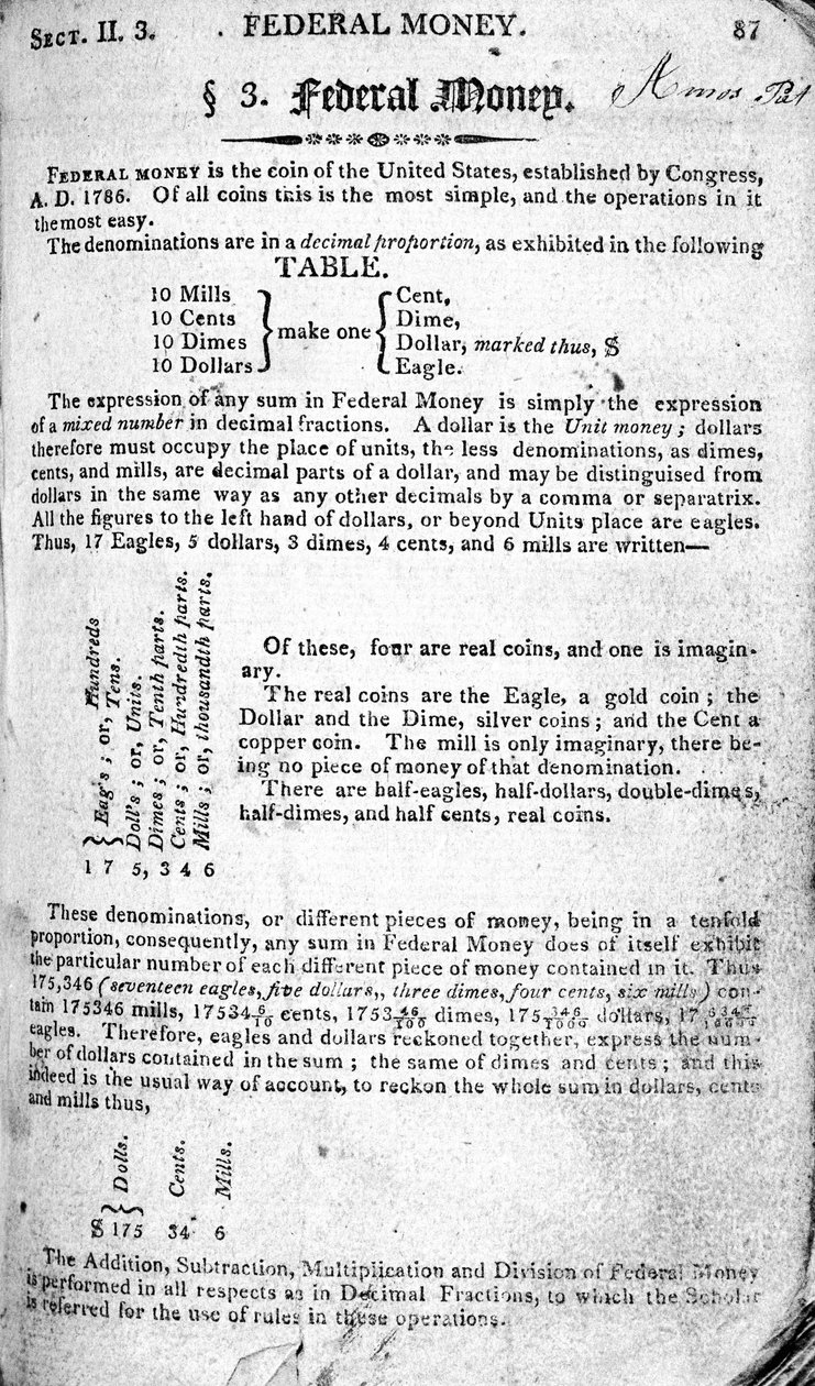 Federal Money, sivu The Scholars Arithmetic 6th Editionista, kirjoittanut Daniel Adams, julkaissut N.H.Keene, 1810 (painettu) tekijältä American School