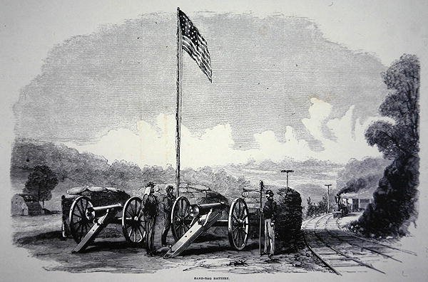 Liittovaltion hiekkasäkkiakku rautatien suojelemiseksi Yhdysvaltain sisällissodan aikana (1861-65) (litho) tekijältä American School