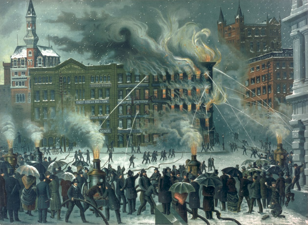 Palo New York World -rakennuksessa, joka on omistettu Our Brave Firemen -pubille. kirjoittanut W.M. Bruns, 1882 tekijältä American School