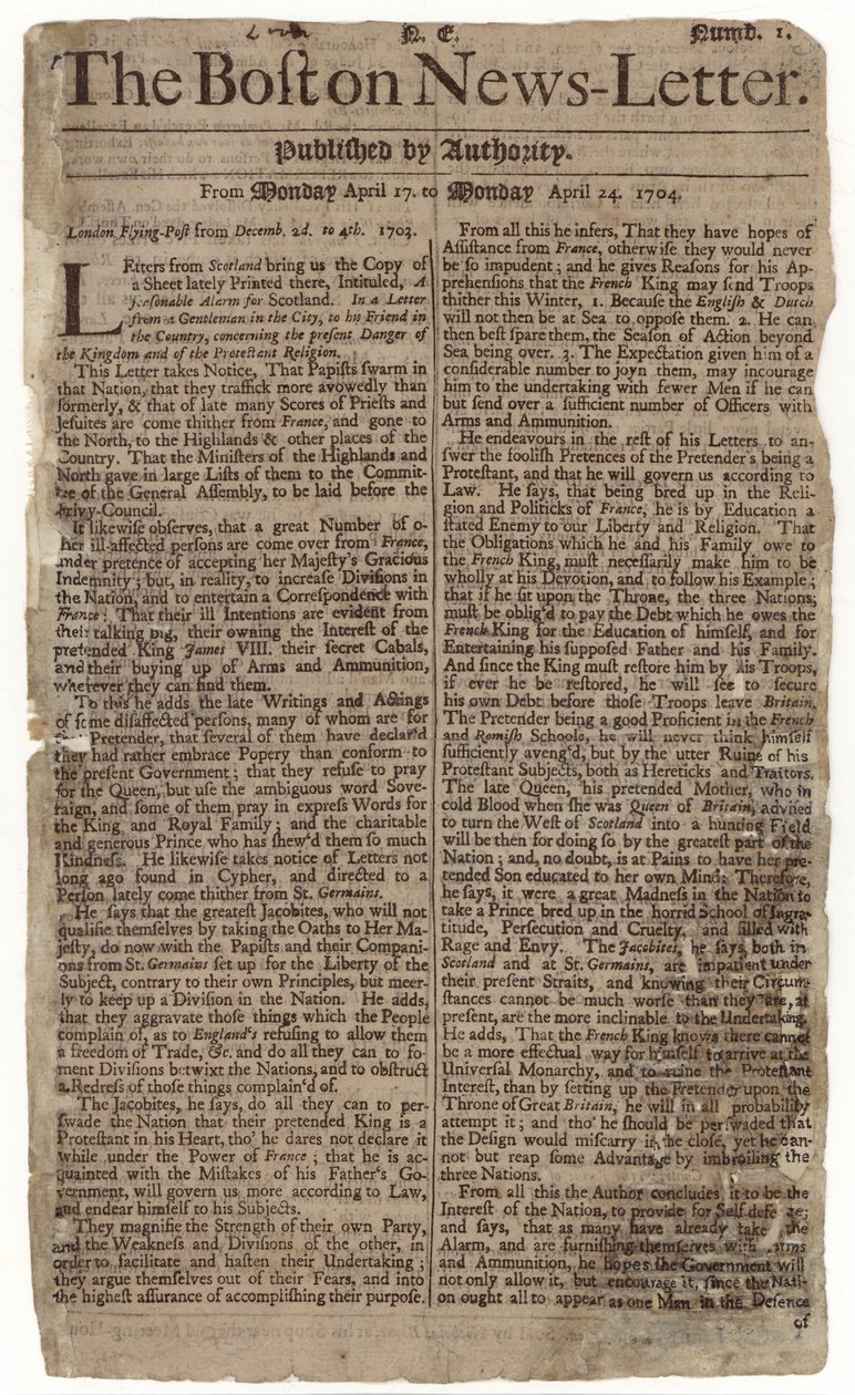 Boston News-Letter -lehden ensimmäinen numero, 1704 (sanomalehtipaperi) tekijältä American School