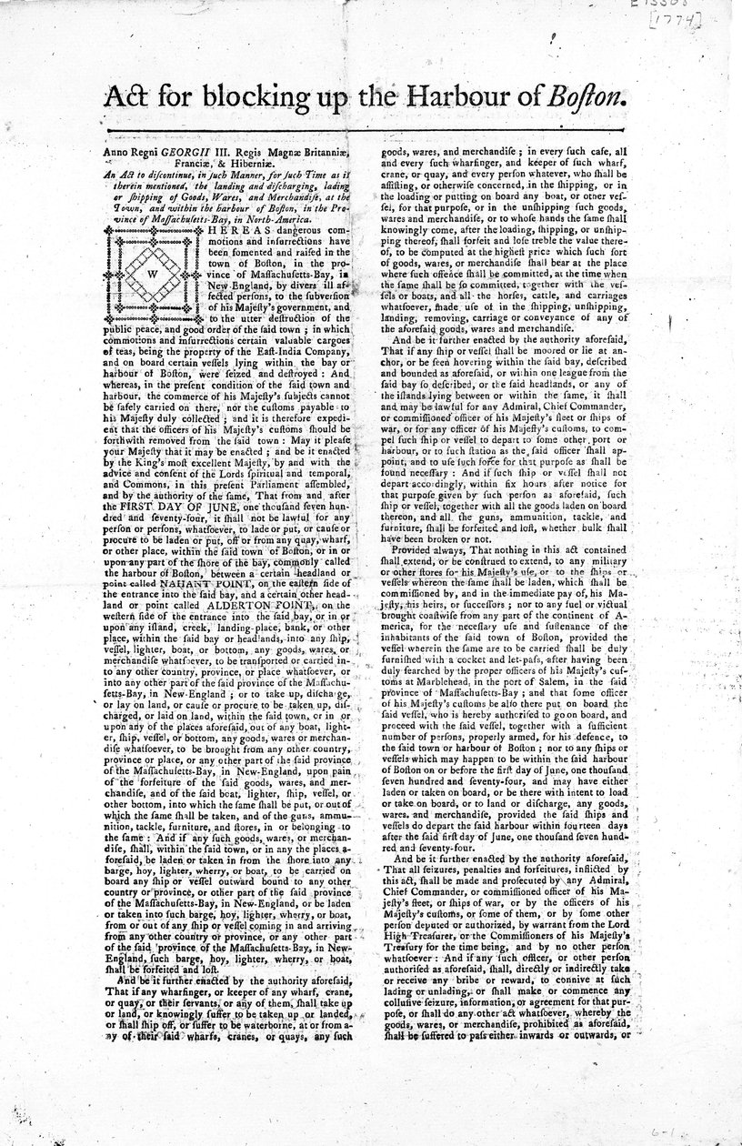Ensimmäinen sivu sivusta, jossa hahmotellaan Bostonin sataman sulkemista koskeva laki, 1774 (sanomalehtipaperi) tekijältä American School