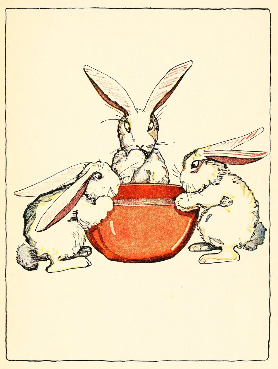 Flopsy, Mopsy ja Cotton-Tail tarjosivat leipää, maitoa ja karhunvatukoita illalliseksi, 1916. tekijältä American School
