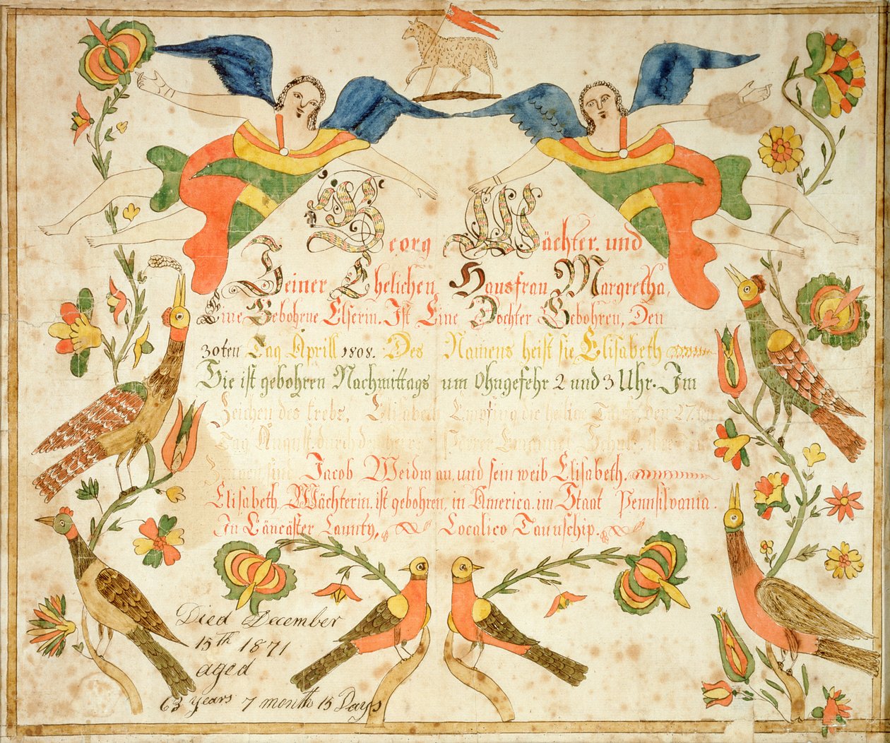 Fraktuuri Elizabeth Wachterin (1808-71) syntymä- ja kastetodistukseen 1808 (muste ja akvarelli paperille). tekijältä American School