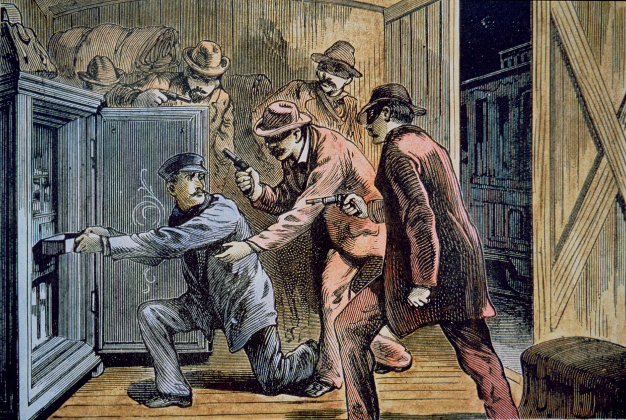 Frank ja Jesse James Gang ryöstävät junan pikaauton vuonna 1879 (värilitho) tekijältä American School