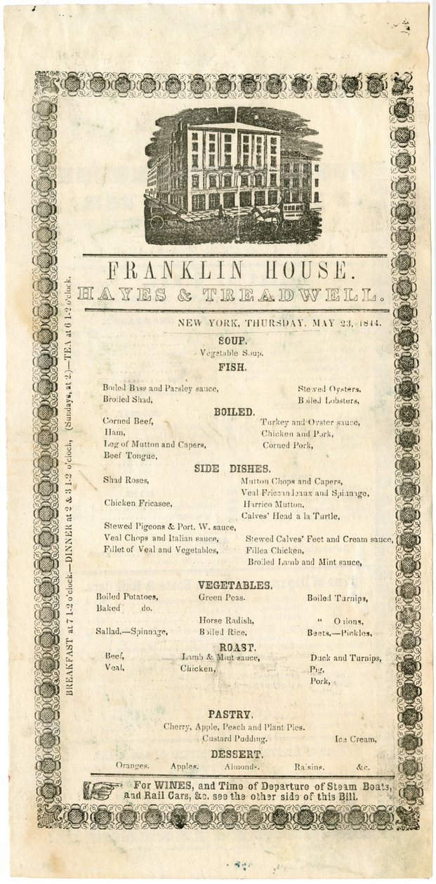 Franklin House Menu 23. toukokuuta 1844, 1844 (kaiverrettu menu) tekijältä American School