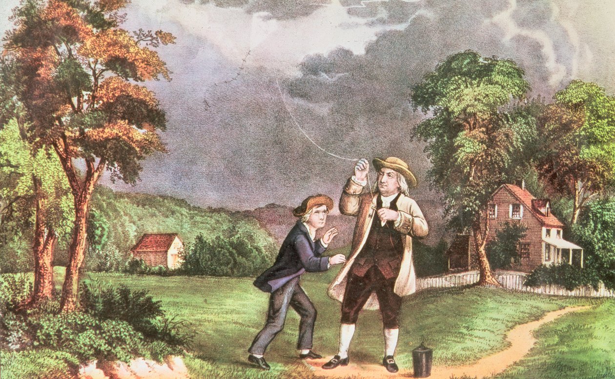 Franklinsin sähkökokeilu n. 1746, pub. kirjoittaja Currier ja Ives (tulostus) tekijältä American School