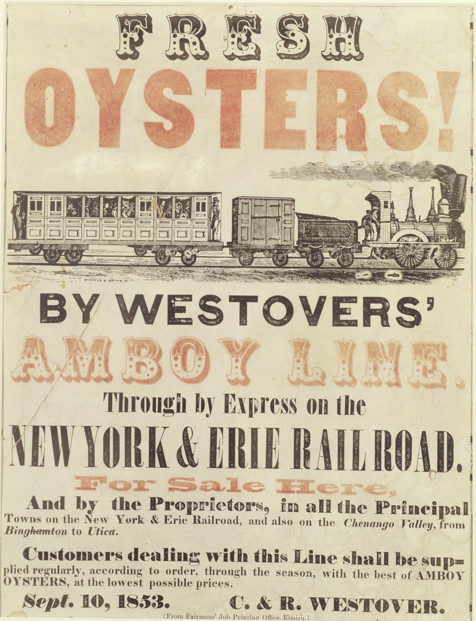 Tuoreet osterit! Westovers Amboy Line, Express by the New York & Erie Railroad, 10. syyskuuta 1853 tekijältä American School