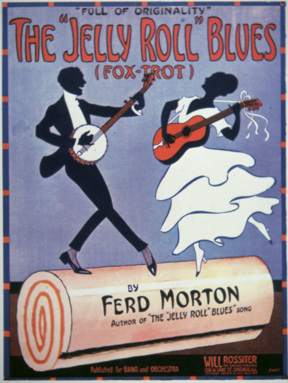 Etukansi kappaleeseen "The Jelly Roll Blues", kirjoittanut Jelly Roll Morton (1890-1941) 1915 (väri litho) tekijältä American School