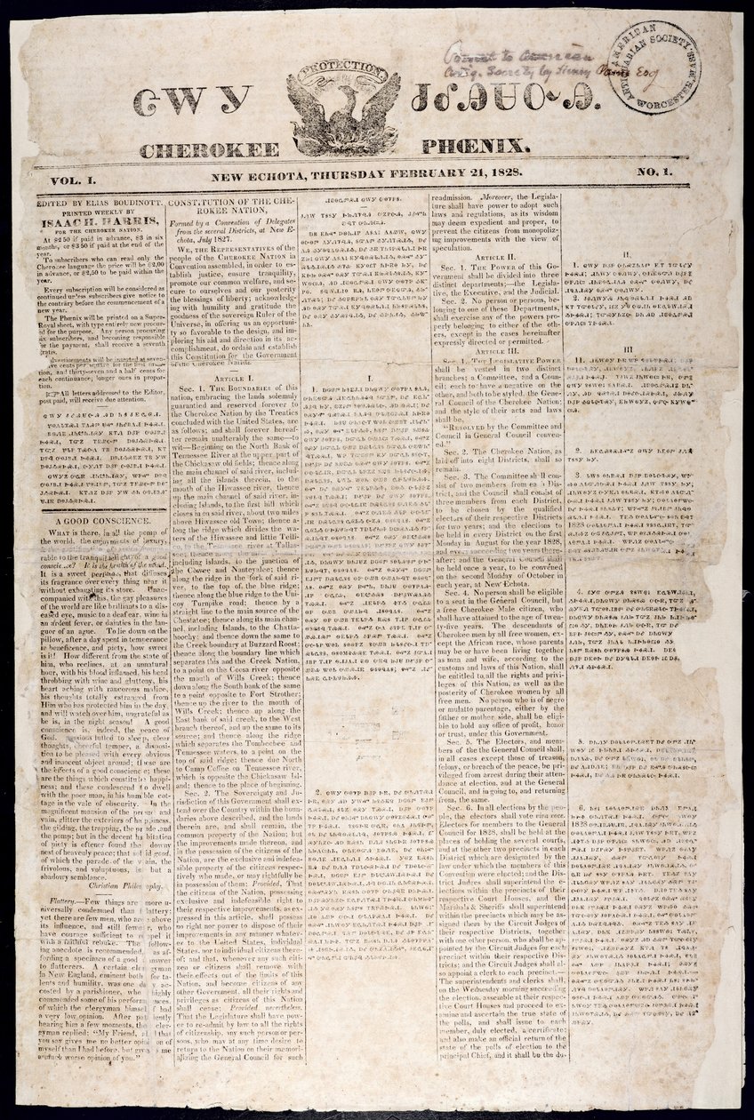 Cherokee Phoenixin etusivu, 21. helmikuuta 1828 (tulostus) tekijältä American School