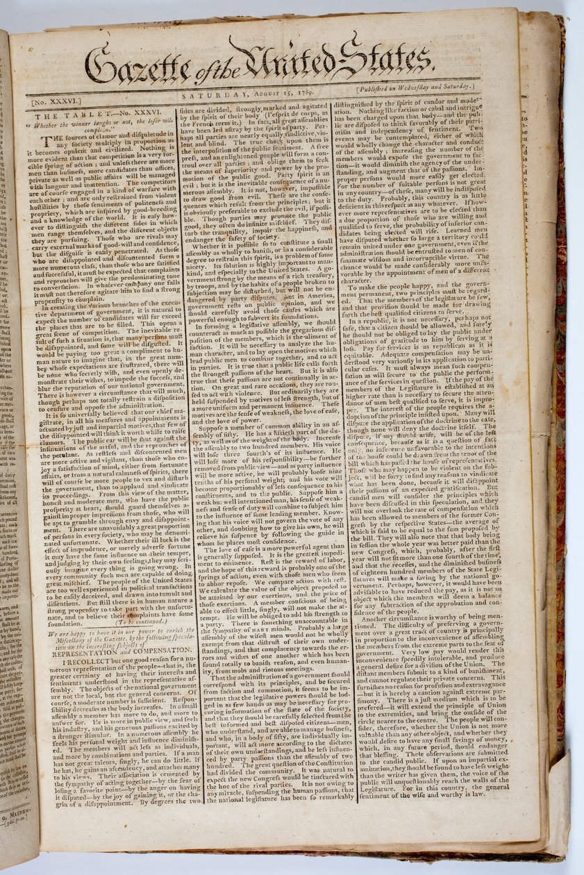 Yhdysvaltain Gazetten etusivu, 15. huhtikuuta 1789 tekijältä American School