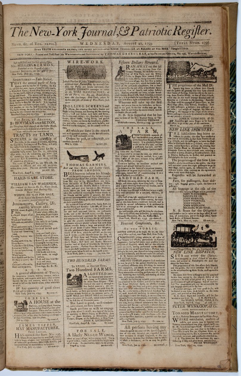 New York Journal and Patriot Registerin etusivu, 21. elokuuta 1793 tekijältä American School
