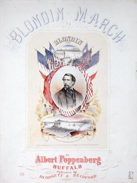 Etukansi Albert Poppenbergin "Blondin March" -kappaleen nuotteille (värilitho) tekijältä American School