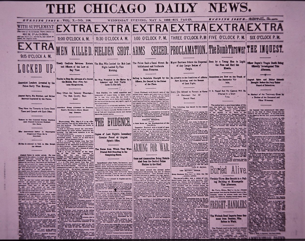 Chicago Daily Newsin etusivu, joka raportoi Chicagon Haymarket Labor Riotista, 5. toukokuuta 1886 (sanomalehtipaperi) tekijältä American School