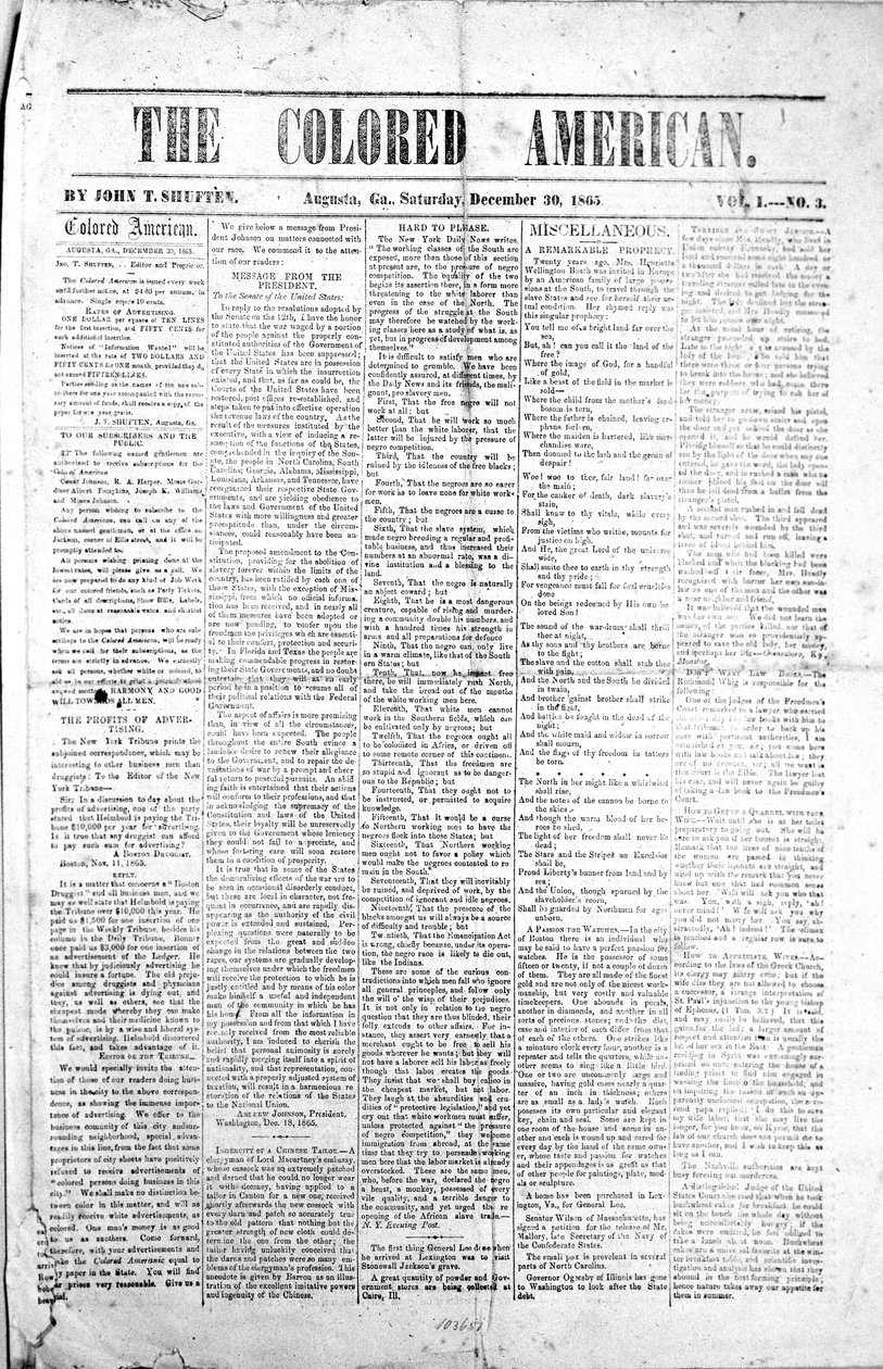 The Colored American etusivu, 30. joulukuuta 1865 (tulostus) tekijältä American School
