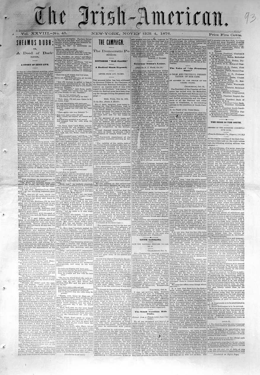 New Yorkissa 4. marraskuuta 1876 julkaistun The Irish-Americanin etusivu (sanomalehtipaperi) tekijältä American School