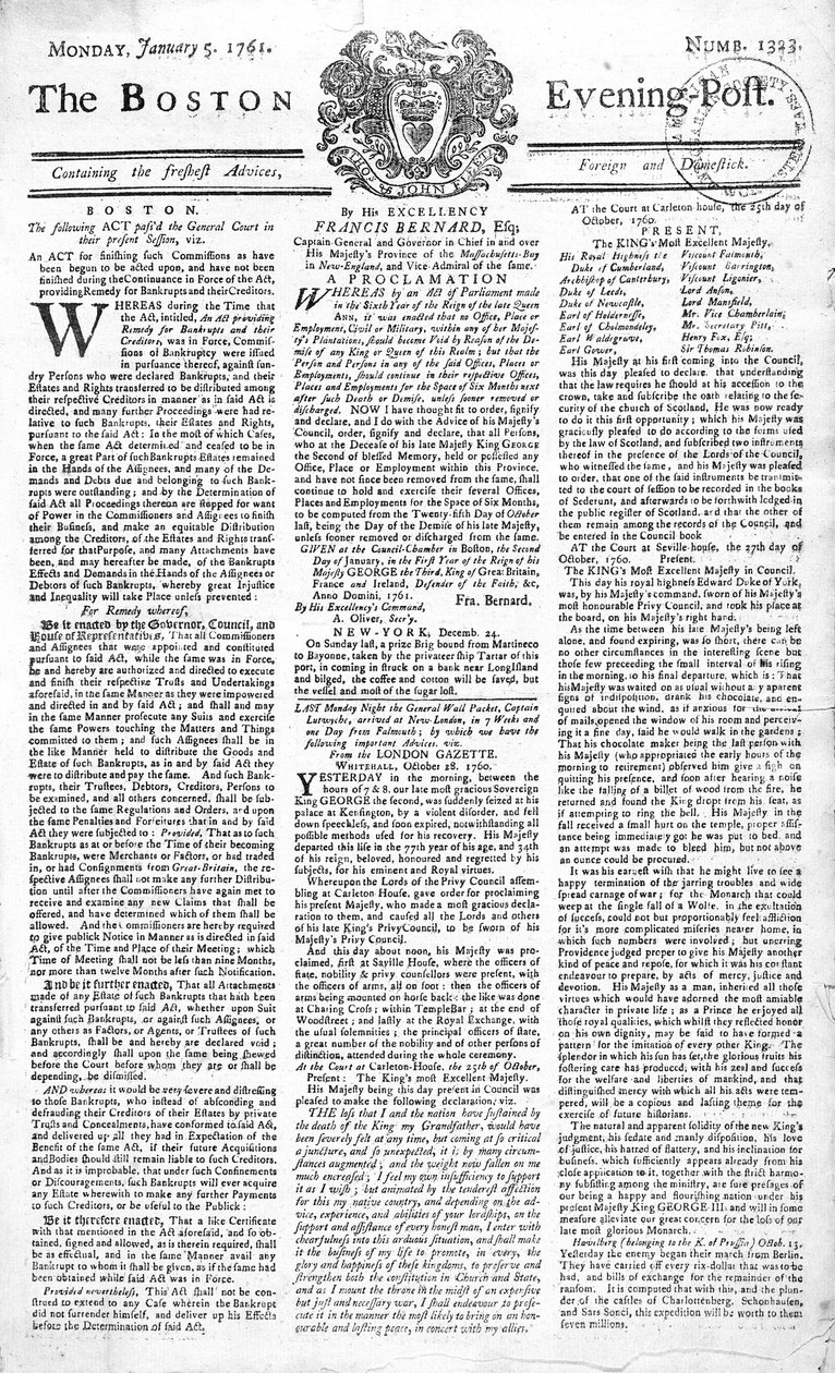 Kuningas Yrjö II:n (1683-1760) kuolemasta kertovan Boston Evening Post -lehden etusivu 5. tammikuuta 1761 (painettu) tekijältä American School