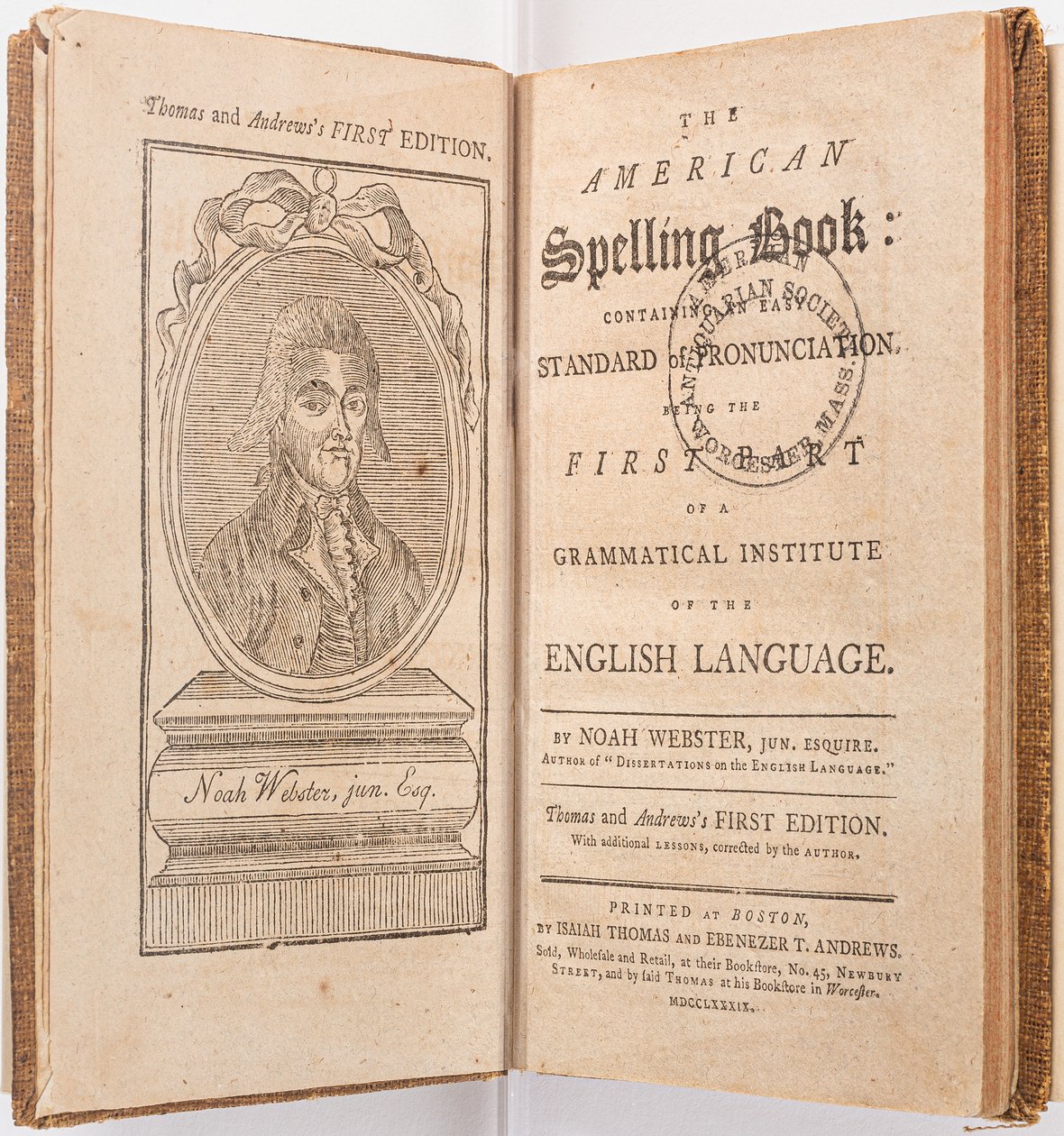 Etukappale Noah Websterin "The American Spelling Book" -kirjasta, Boston, 1789 tekijältä American School