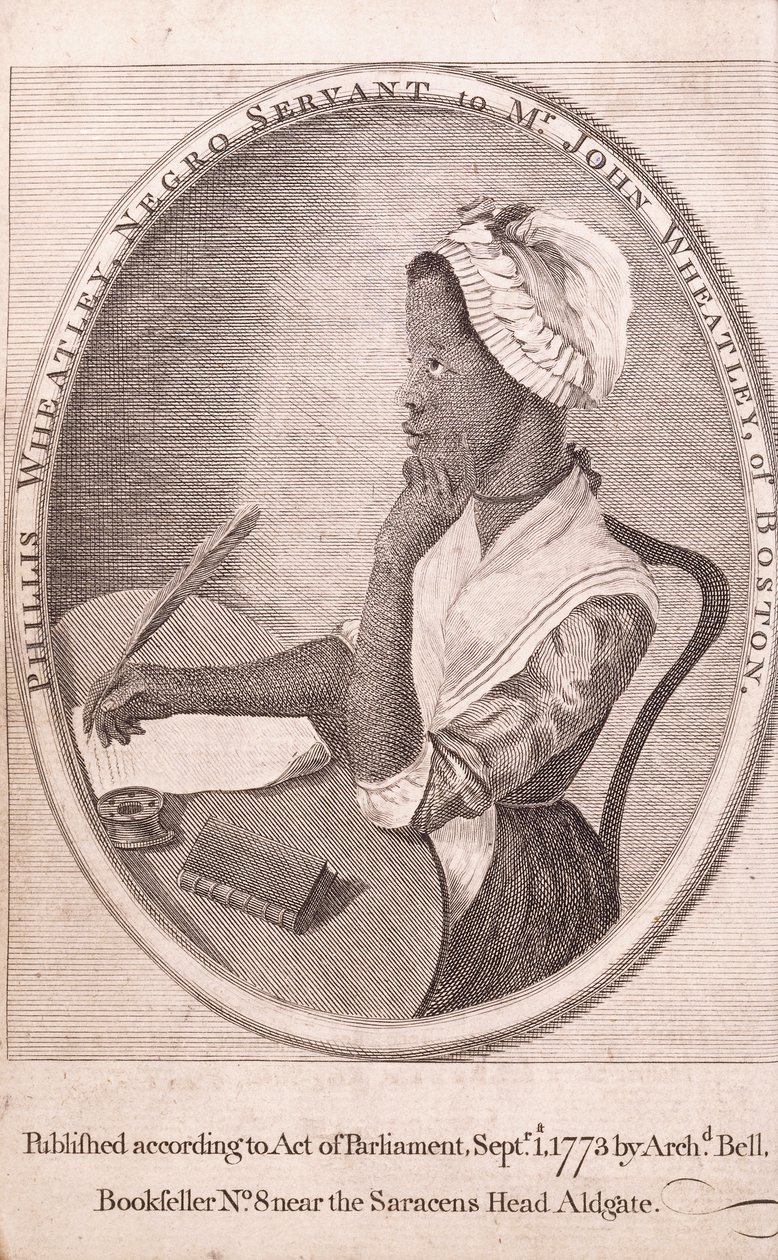 Etukuva kirjailijasta Phillis Wheatleystä kirjasta "Poems on Various Subjects, Religious and Moral" tekijältä American School