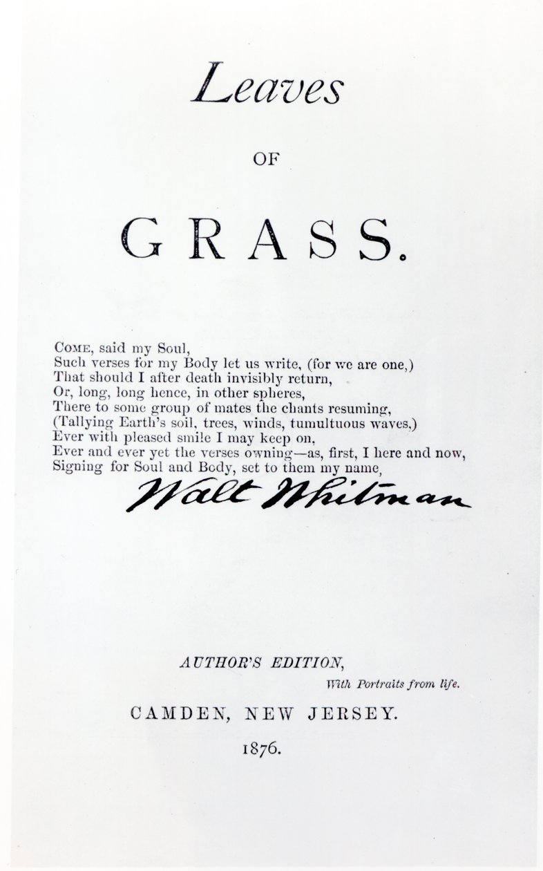 Walt Whitmanin (1819-1892) ruohonlehtien etukappale, pub. vuonna 1876 tekijältä American School