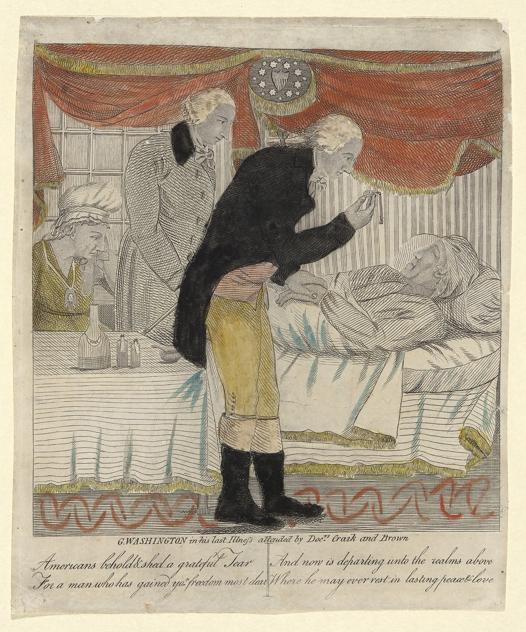 G. Washington hänen viimeisessä sairaudestaan, johon osallistuivat tohtori Craik ja Brown, pub. n.1800 (käsinvärinen kaiverrus) tekijältä American School