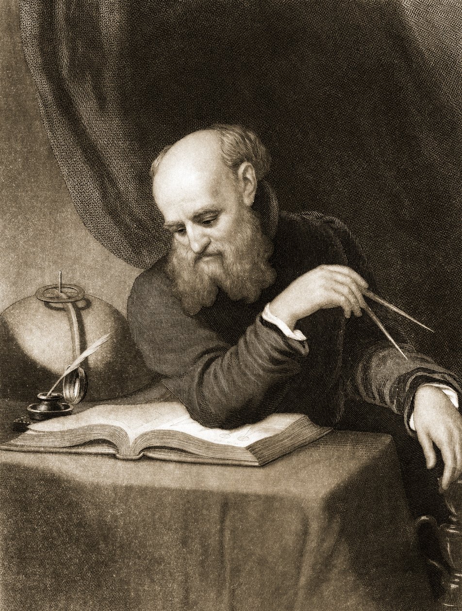 Galileo kompassin ja kaavioiden kanssa, noin 1880 (kaiverrus). tekijältä American School