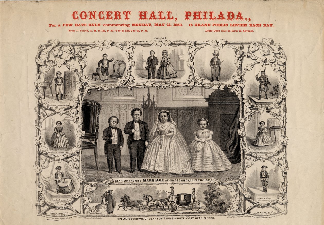 Kenraali Tom Thumb ja vaimo, kom. Nutt ja neiti Minnie Warren, pubi. kirjoittanut Currier & Ives, 1863 tekijältä American School