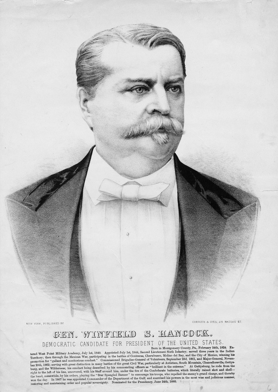 Kenraali Winfield S. Hancock: Demokraattien ehdokas Yhdysvaltain presidentiksi, pub. kirjoittanut Currier & Ives, n. 1880 tekijältä American School