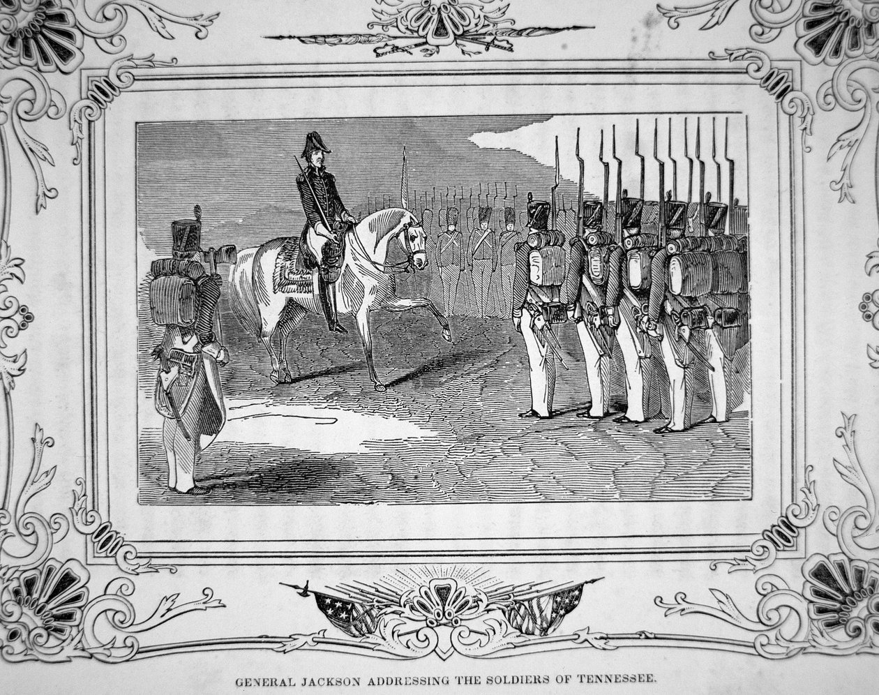 Kenraali Andrew Jackson puhuu Tennesseen miliisille ennen Horseshoe Bendin taistelua 27. maaliskuuta 1814 tekijältä American School