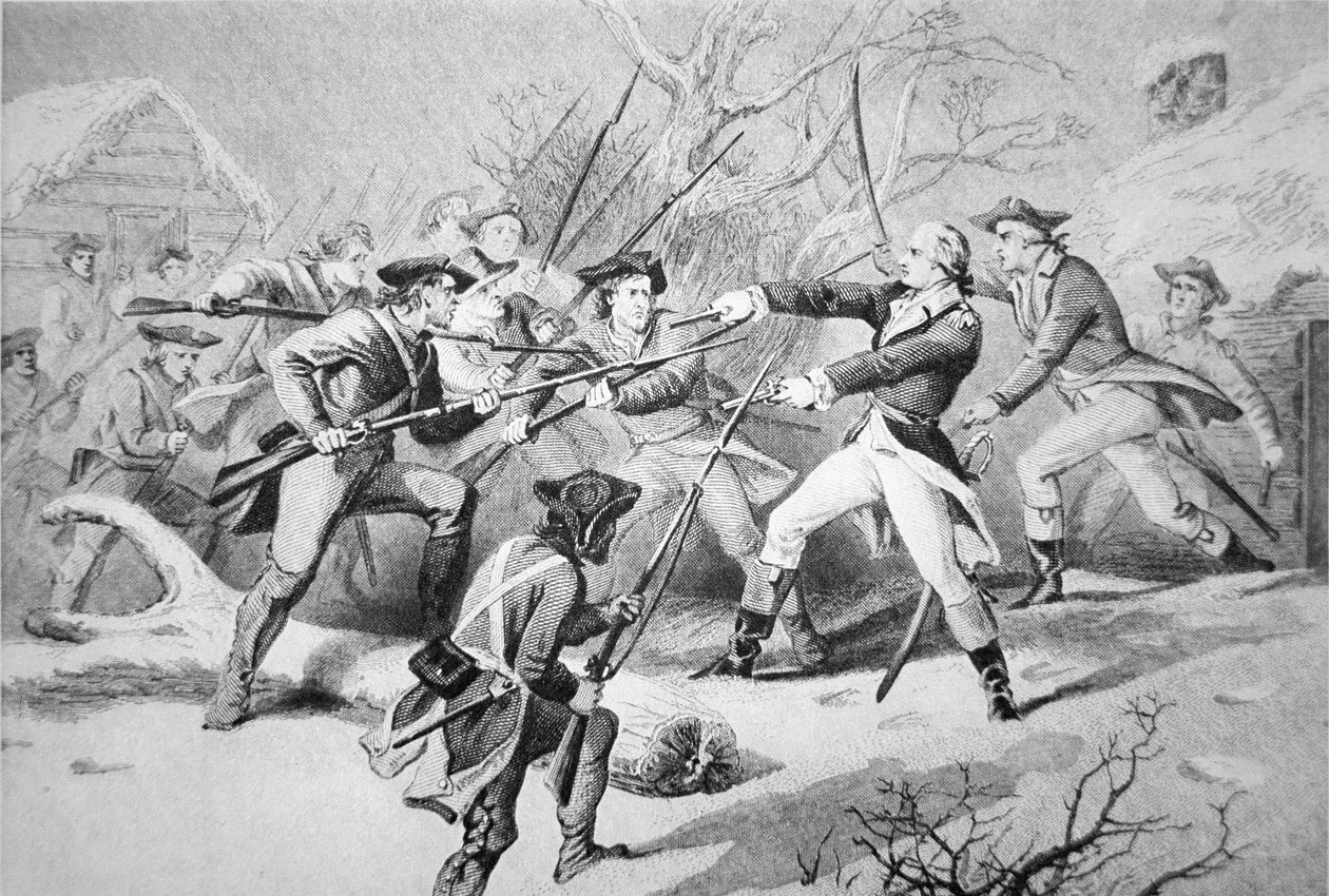 Kenraali Anthony Wayne yrittää tukahduttaa pennsyvanialaisten joukkojen kapinan Morristownista uudenvuodenpäivänä 1781 (litho) tekijältä American School