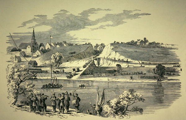 General Bankin (1816-94) Union-divisioona ylitti Potomacin Williamsportista Marylandista hyökätäkseen konfederaation armeijaan kenraali Jacksonin (1824-63) johdolla vuonna 1862 (litho) tekijältä American School