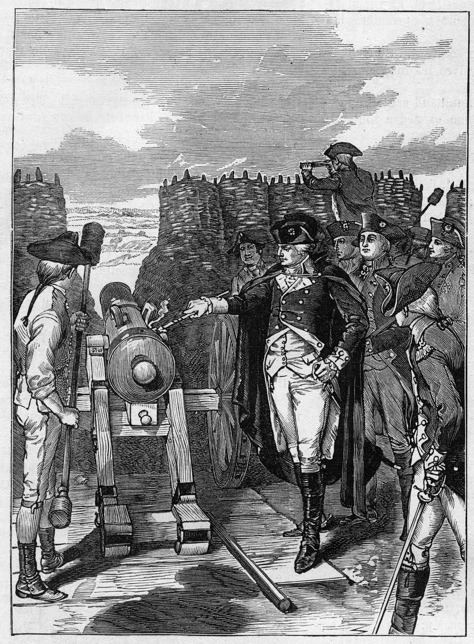 Kenraali George Washington ja ensimmäinen kaanonin ampuminen Yorktownin piirityksessä vuonna 1781 tekijältä American School