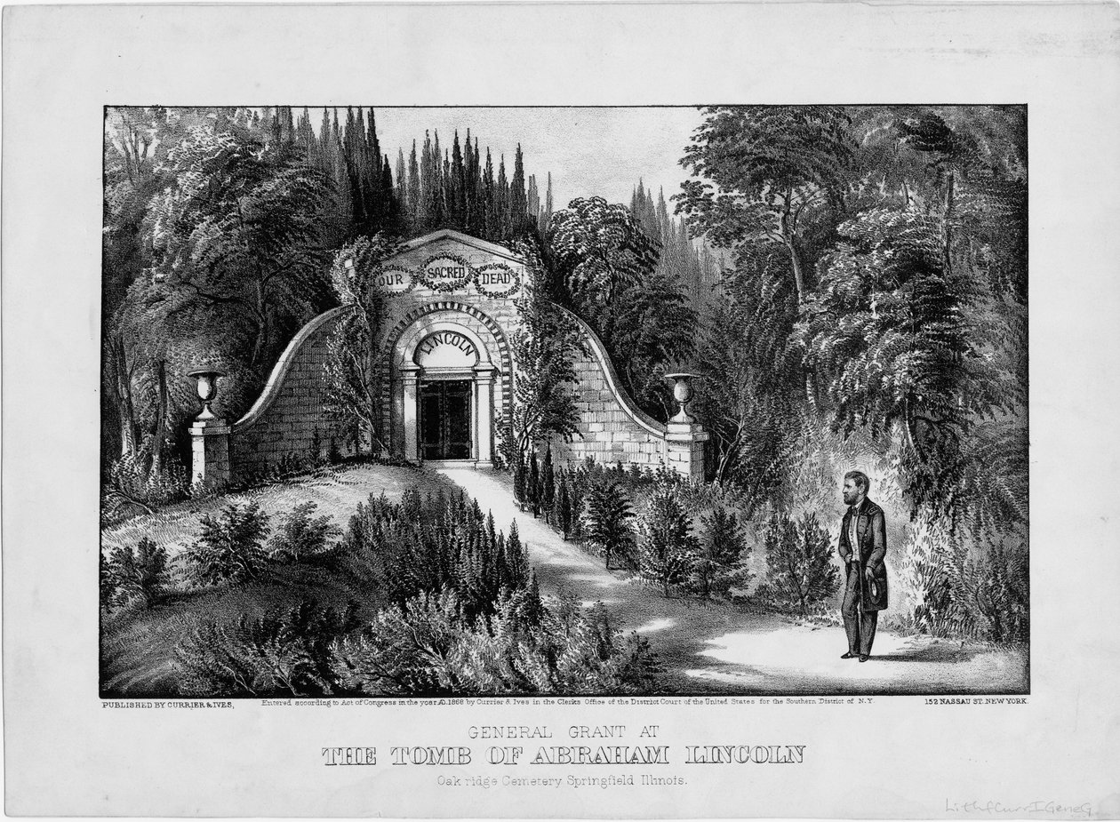 Kenraali Grant Abraham Lincolnin haudalla, Oak Ridge Cemetery, Springfield, Illinois, pub. kirjoittanut Currier & Ives, 1868 tekijältä American School