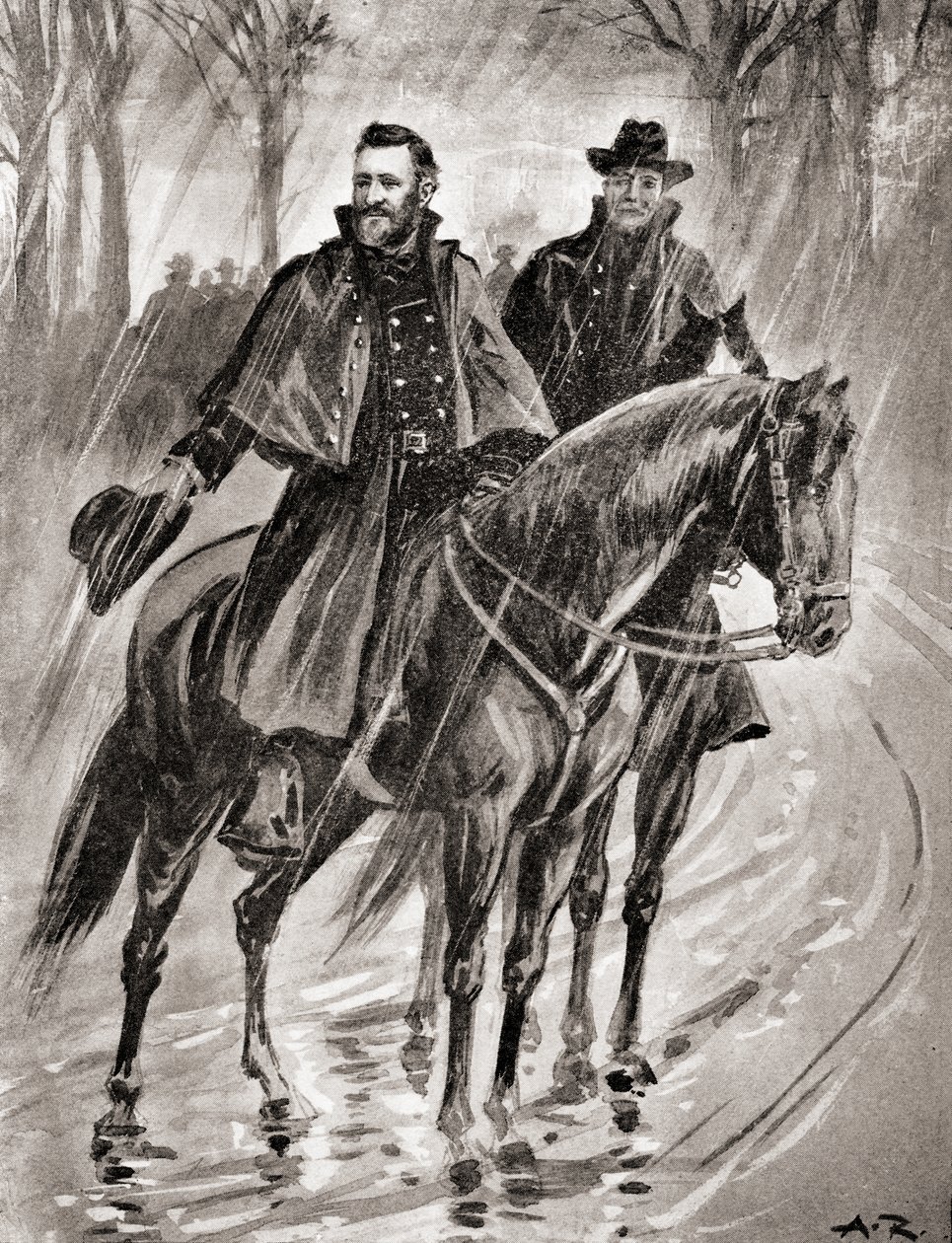Kenraali Grant tiedustellen sateessa Belmontissa, Missourissa, ennen taistelua vuonna 1861, kirjasta The History of Our Country, julkaistu 1905 (litho) tekijältä American School
