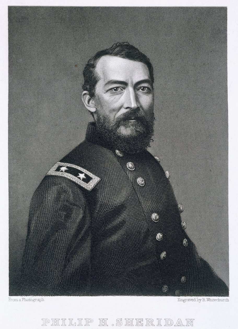Kenraali Philip Sheridan, kaiverrettu Robert E. Whitechurchin (1814-n. 1883) valokuvasta tekijältä American School