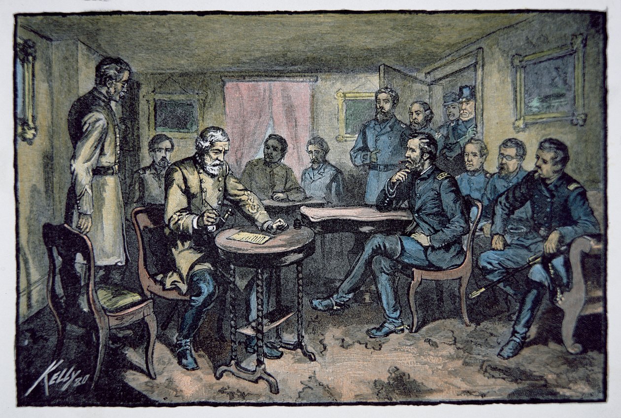 Kenraali Robert E. Lee (1807-70) antautuu kenraali Ulysses S. Grantille (1822-85) Appomattoxin oikeustalossa 9. huhtikuuta 1865 (värilitho) tekijältä American School
