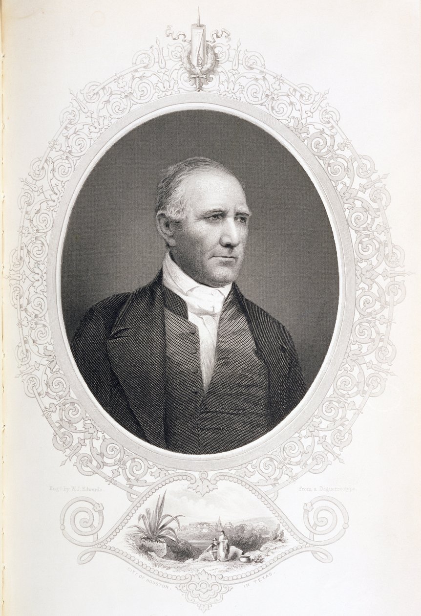 Kenraali Samuel Houston, julkaisusta "The History of the United States", osa. II, Charles Mackay, kaiverrettu daguerrotypiasta (kaiverrus) tekijältä American School