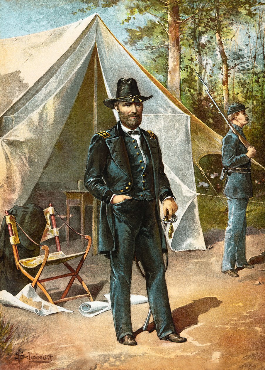 Kenraali Ulysses S Grant seisomassa teltansa edessä Yhdysvaltain sisällissodan aikana, pubi. 1892 tekijältä American School