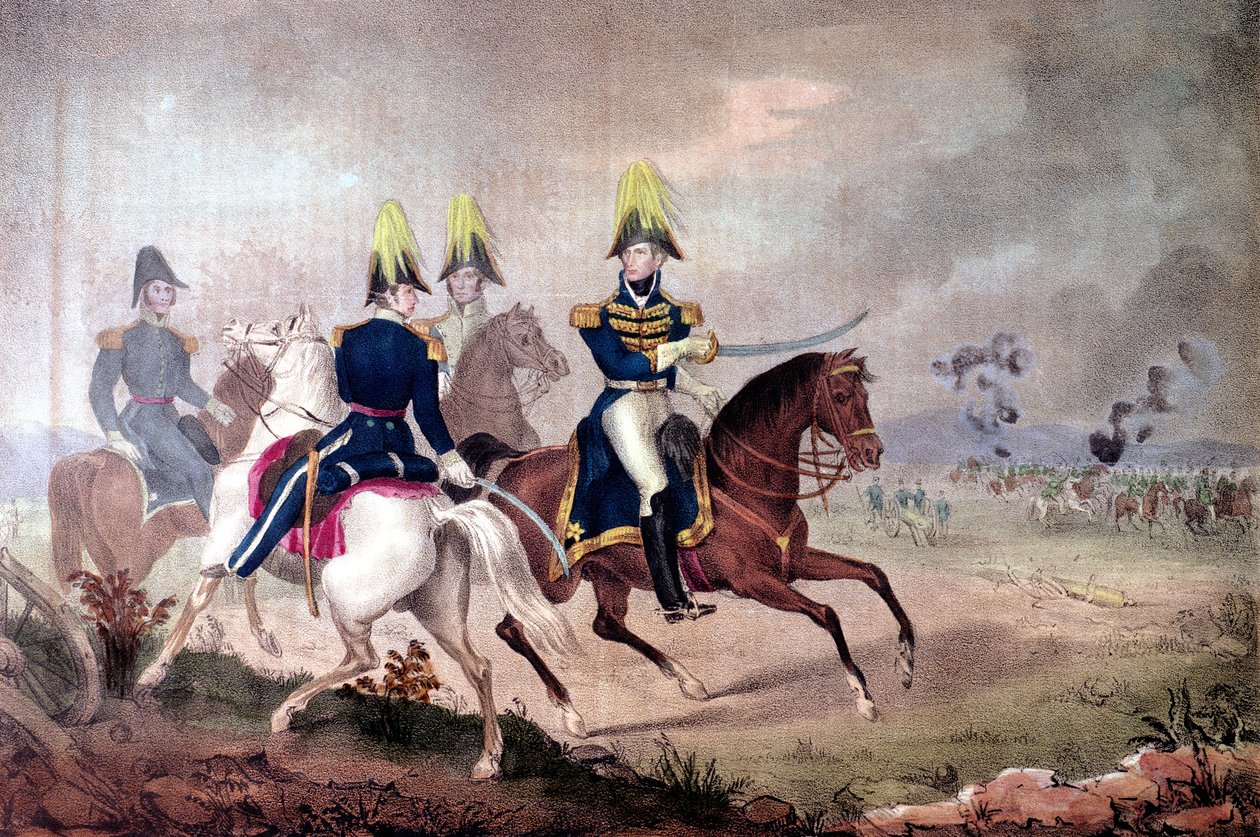 Kenraali William Henry Harrison (1773-1841) ja esikunta Thamesin taistelussa vuonna 1813 tekijältä American School