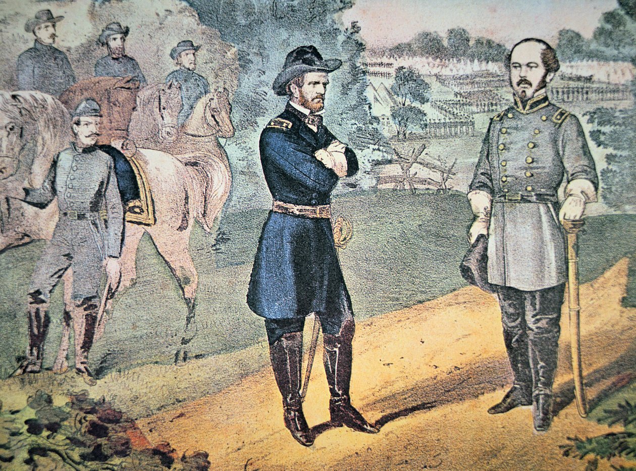 Kenraalit Sherman ja Johnson tapaavat järjestääkseen konfederaation joukkojen antautumisen Pohjois-Carolinassa vuonna 1865 (väri litho) tekijältä American School