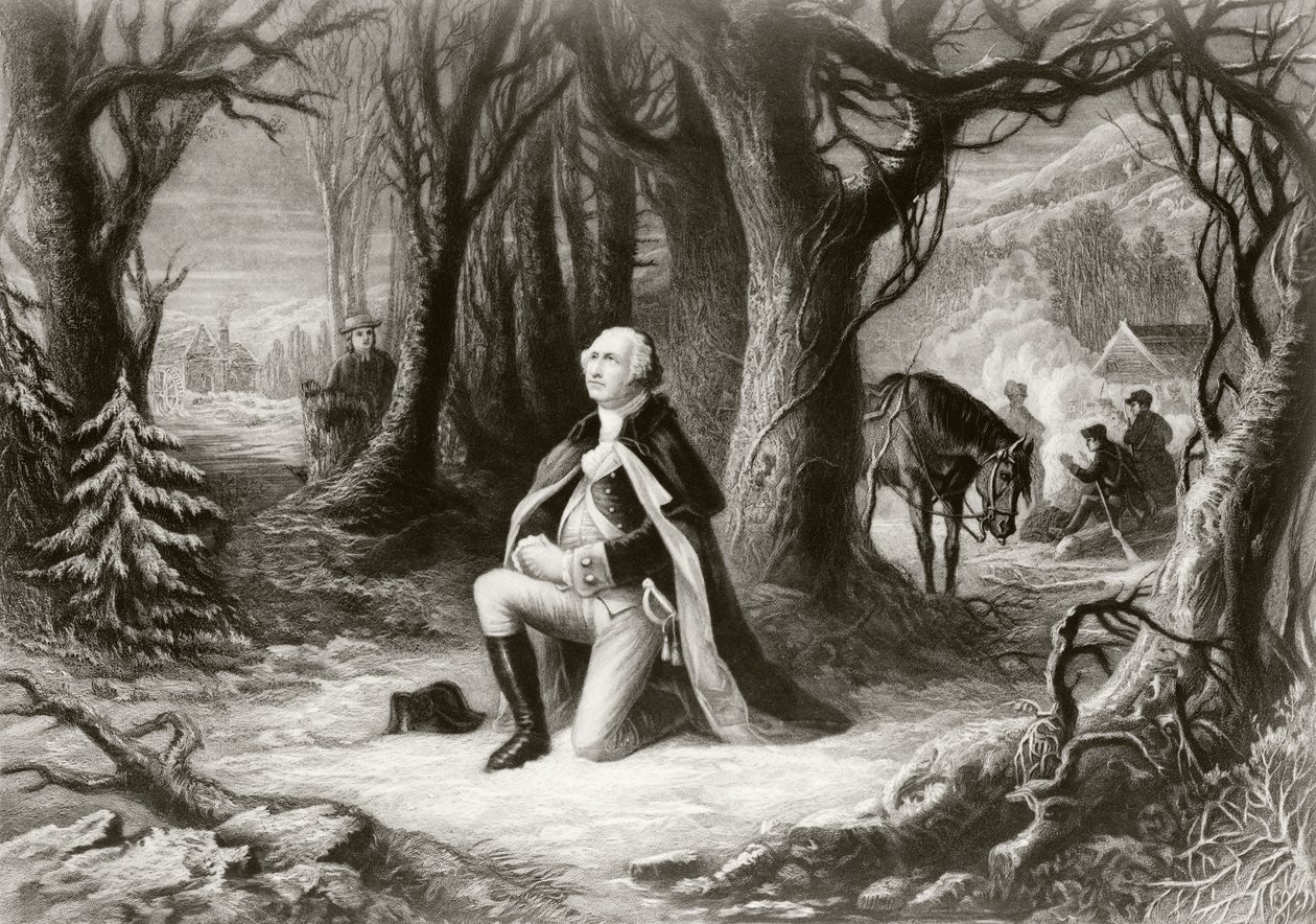 George Washington rukoilee Yhdysvaltain vapaussotaleirillä Valley Forgessa talvella 1777-1778 Henry Bruecknerin maalauksen jälkeen tekijältä American School